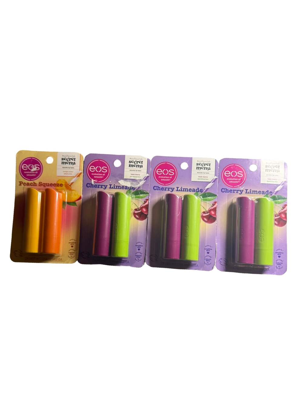 eosSecret Menu Lip Balm Lot of 4 Packs, Peach Squeeze & Cherry Limeade, 0.14 oz